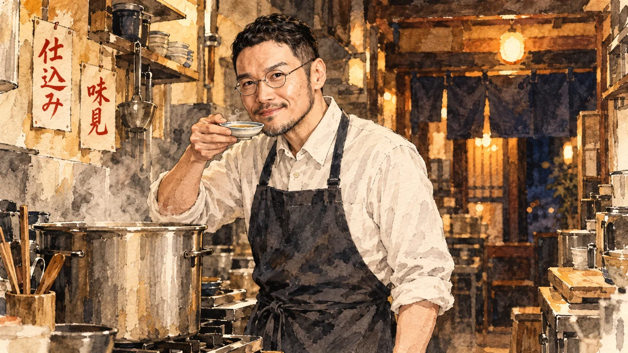 夜の小さな定食屋の調理場で、エプロン姿のひろくんが鍋の火を止め、小皿でスープを味見している図解