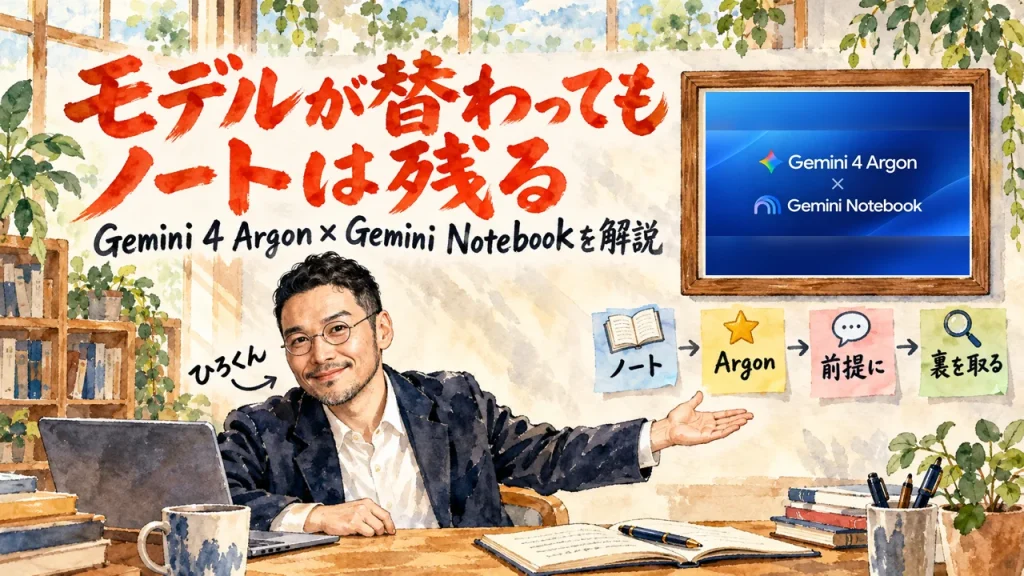 Gemini 4 ArgonとGemini Notebookの組み合わせ方を解説するアイキャッチ。額縁に元記事のトップ画像