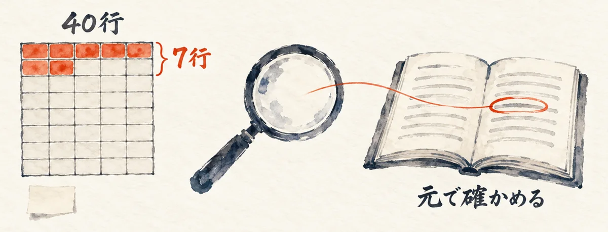 40行の表のうち7行が色づき、虫眼鏡で元の本の一文を確かめる図解