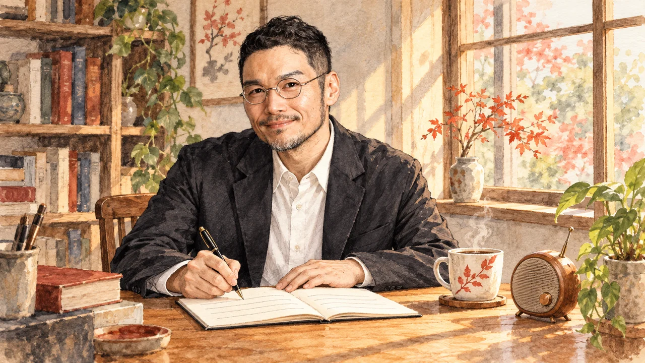 朝の窓辺の机でノートに関心を書き留めるひろくんの水彩イラスト。机の脇にコーヒーカップと小さな丸いラジオがある