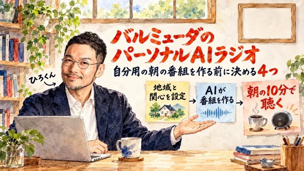 バルミューダのパーソナルAIラジオというタイトルの水彩イラスト。ひろくんが机のノートPCの前で、地域と関心を設定、AIが番組を作る、朝の10分で聴く、の3枚の付箋を手で示している