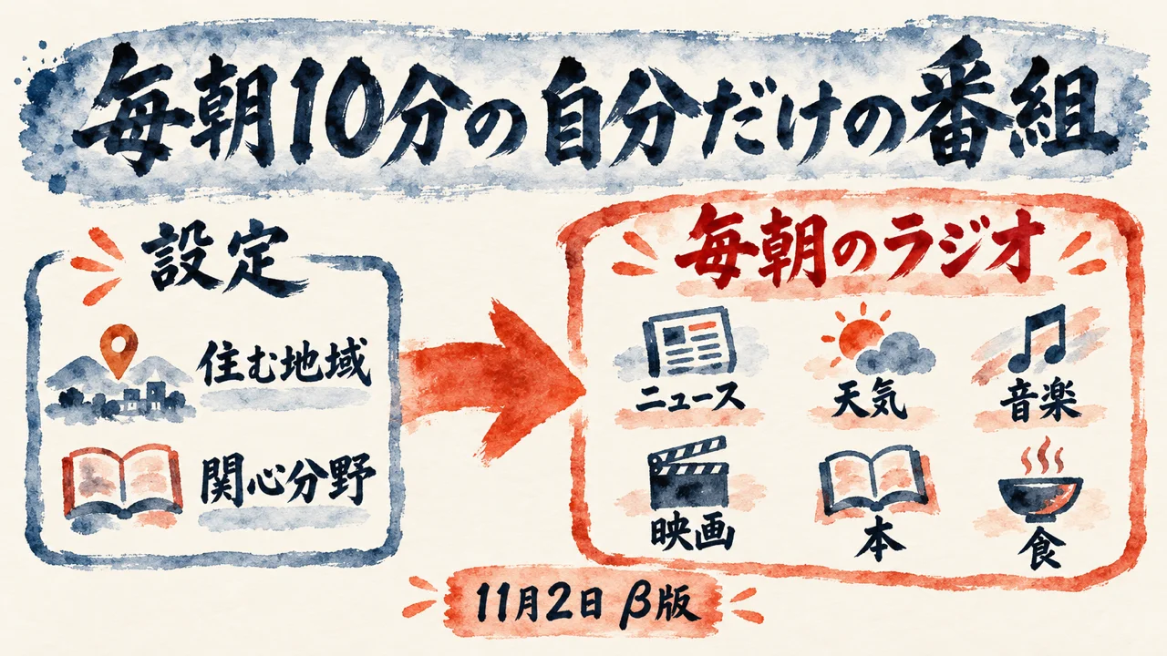 毎朝10分の自分だけの番組、という図解。左は設定で住む地域と関心分野、右は毎朝のラジオでニュース、天気、音楽、映画、本、食。下に11月2日のβ版