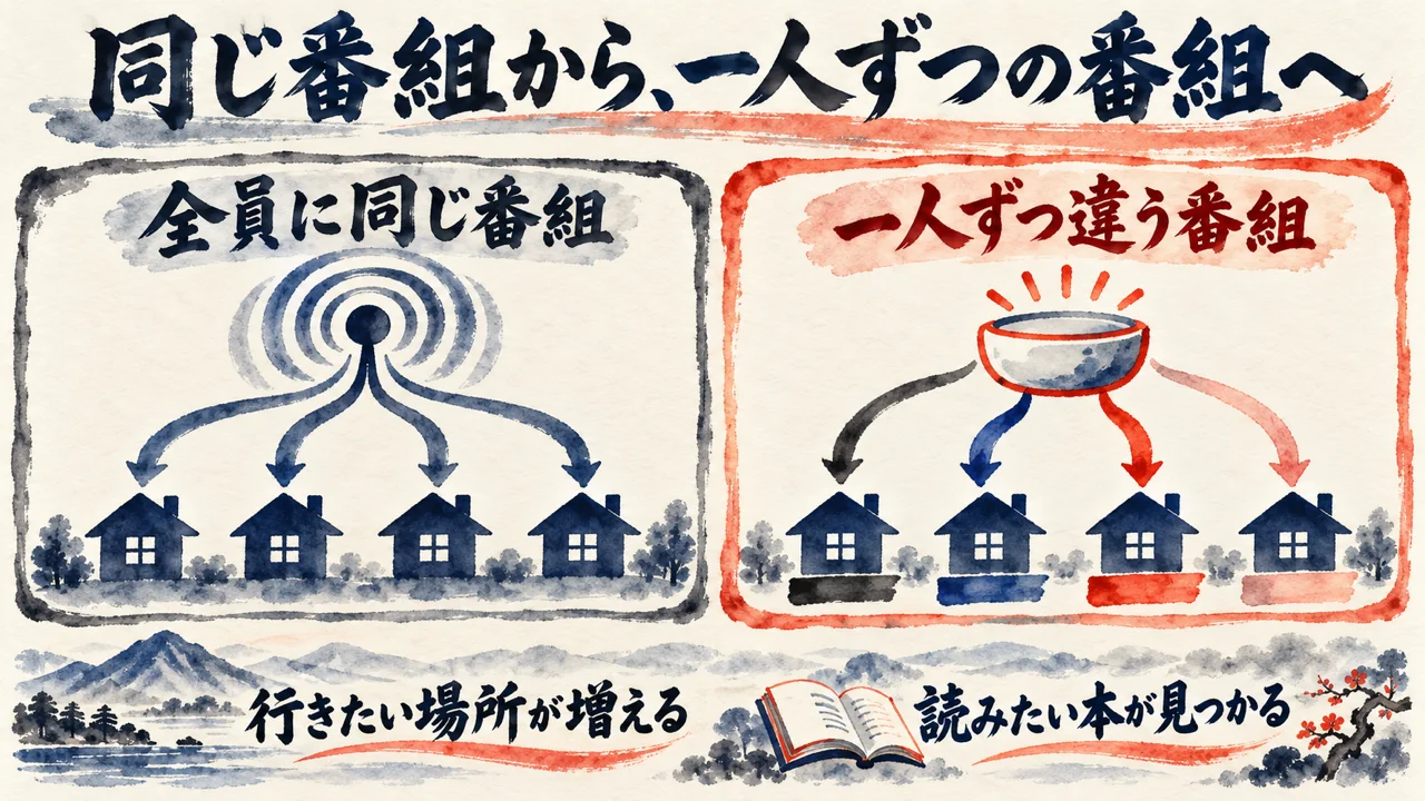同じ番組から一人ずつの番組へ、という対比の図解。左は電波で全員に同じ番組を届ける4軒の家、右は一人ずつ違う番組が届く4軒の家。下に行きたい場所が増える、読みたい本が見つかる