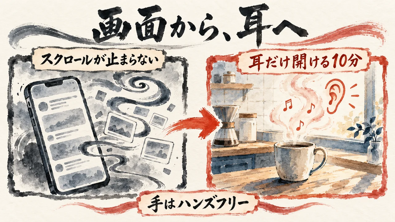 画面から耳へ、という図解。左はスクロールが止まらないスマホ、右はコーヒーカップの湯気と音符と耳で、耳だけ開ける10分。下にハンズフリー