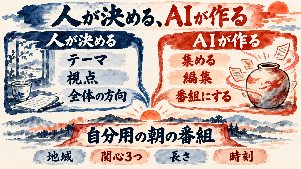 人が決める、AIが作る、という分担の図解。人はテーマ、視点、全体の方向を決め、AIは集める、編集、番組にする。下に自分用の朝の番組と、地域、関心3つ、長さ、時刻の4つ