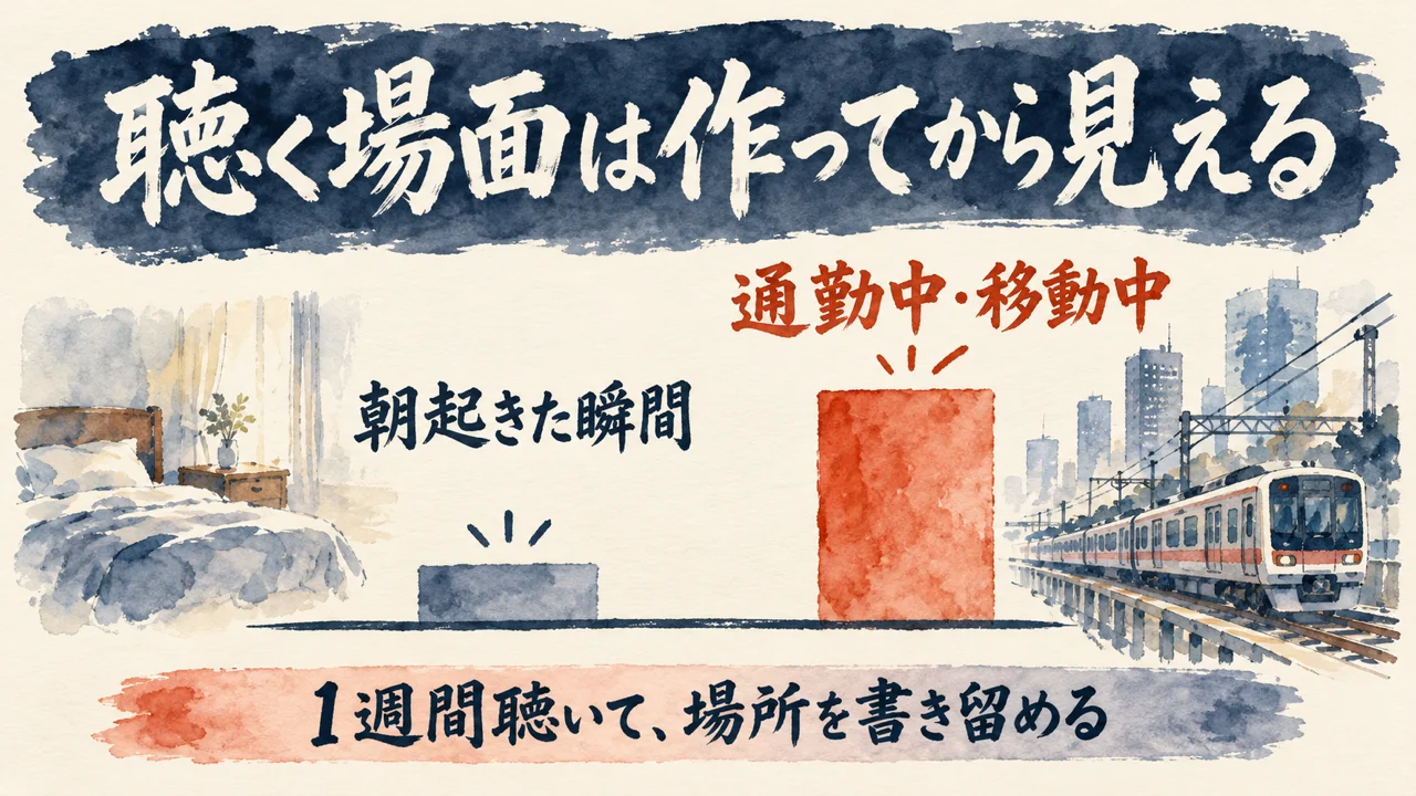 聴く場面は作ってから見える、という対比の図解。朝起きた瞬間は低く、通勤中と移動中は高い。下に1週間聴いて場所を書き留める