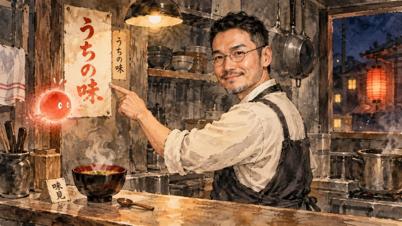 夜の定食屋の調理場で、ひろくんが壁の「うちの味」の貼り紙を指さし、朱色の光の粒が覗き込んでいる図解