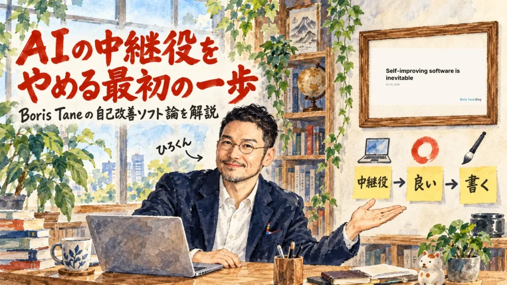 AIの中継役をやめる最初の一歩。Boris Taneの自己改善ソフト論を解説するアイキャッチ。ひろくんが「中継役」「良い」「書く」の3枚の付箋を指している