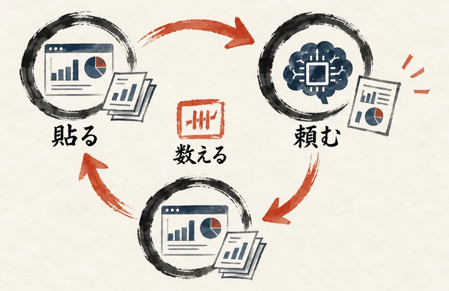 「貼る」「頼む」を朱色の矢印が輪にしてぐるぐる回り、中心に「数える」の札がある図解