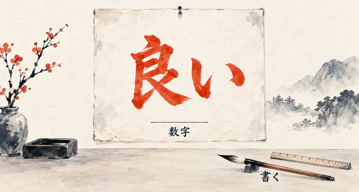 壁に貼った大きな和紙に朱色で「良い」と書かれ、下に「数字」の欄、手前に筆「書く」がある図解