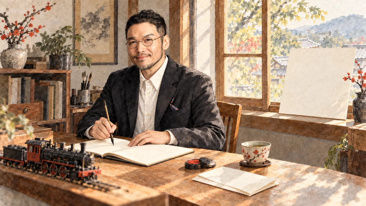 和室の机で、ノートに筆で書きつける男性のイラスト。窓の外に紅葉、机に蒸気機関車の模型と湯のみ。動画を作る前に、まず記録を残す、というコラムの場面