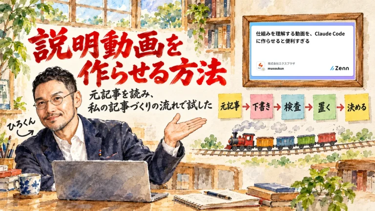 Claude Codeに仕組みの説明動画を作らせる方法。元記事を読み、私の記事づくりの流れで試した。壁の額縁に元記事のサムネイルを掛けた全体図