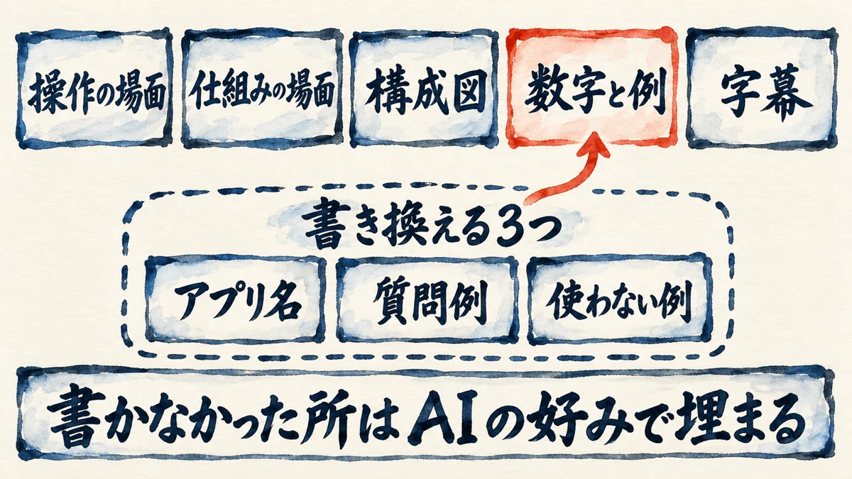 指示テンプレートの5項目と、アプリ名・使いたい質問例・使わない例の3つを書き換える、という図解