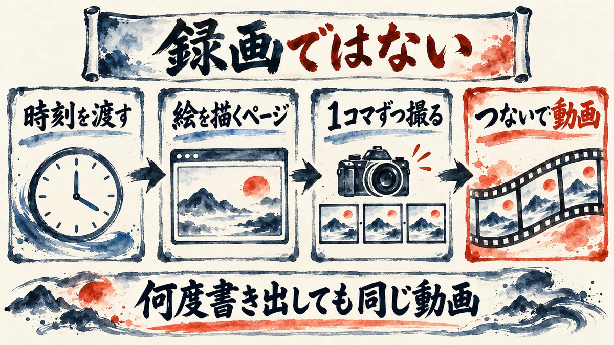画面を録画するのではなく、時刻を渡すとその瞬間の絵を描くWebページを1コマずつ撮って動画にする、4つのステップの図解