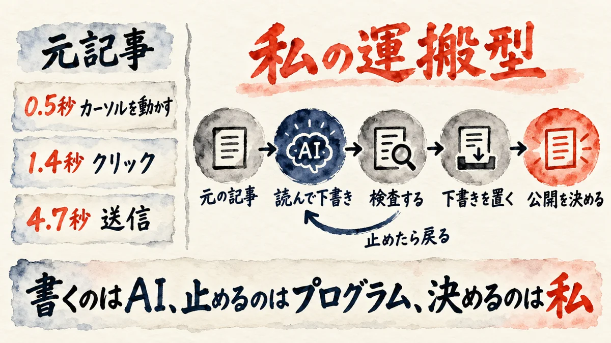 左に元記事の動画の操作の時刻（0.5秒カーソルを動かす・1.4秒クリック・4.7秒送信）、右に私の運搬型の5つの駅（元の記事、読んで下書き、検査する、下書きを置く、公開を決める）と、止めたら戻る矢印を並べた図解