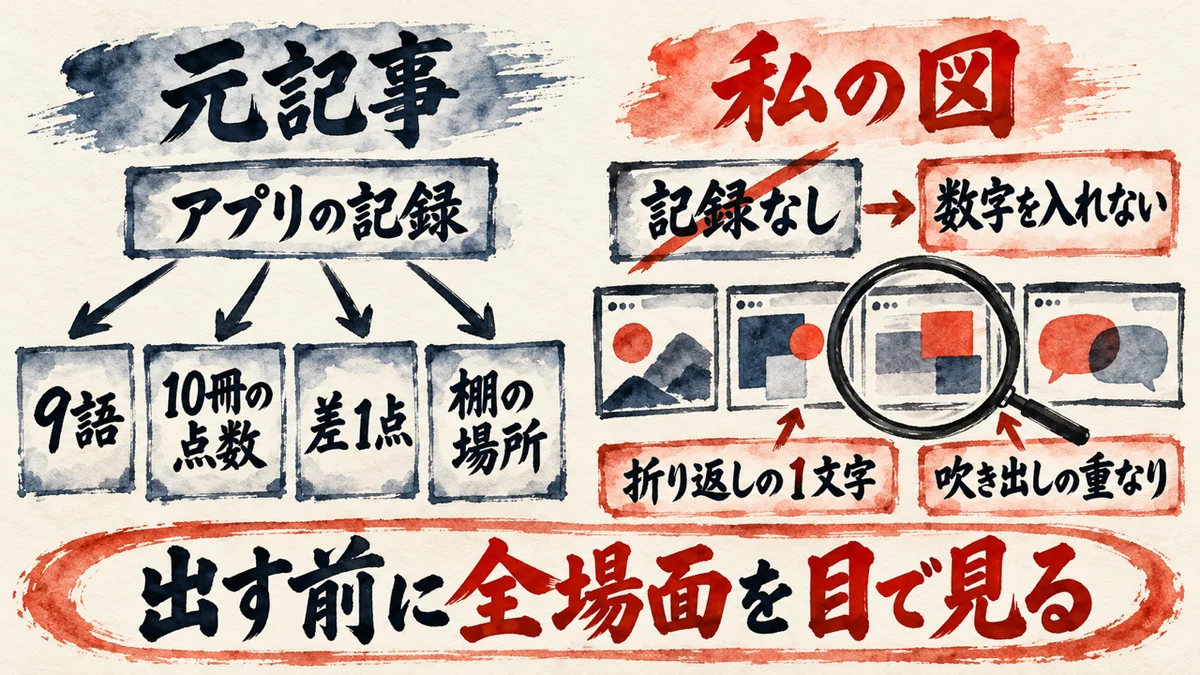 動画に出す数字は記録から取る。私の図は数字を出さない、という違いの図解