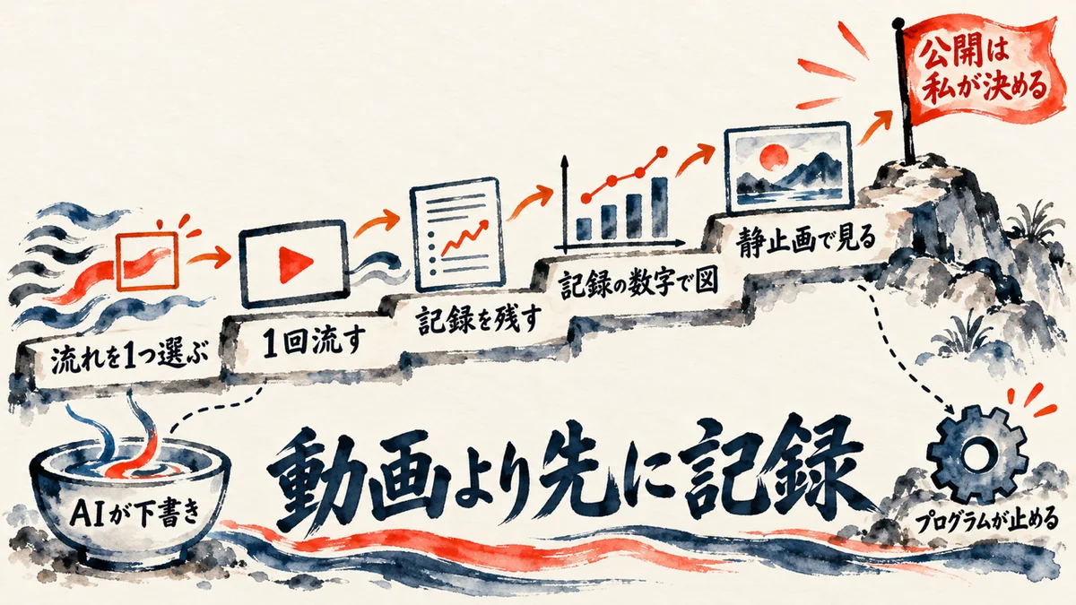 流れを1つ選ぶ、1回流す、記録を残す、記録の数字で図、静止画で見る、の5段の階段の先に「公開は私が決める」の旗が立つ図解。見出しは「動画より先に記録」