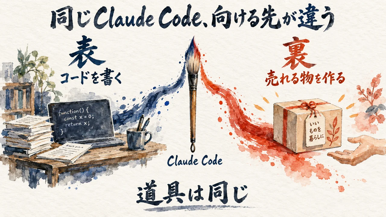 同じClaude Codeでも、表の使い方と裏の使い方に分かれる。道具は同じで向ける先が違う