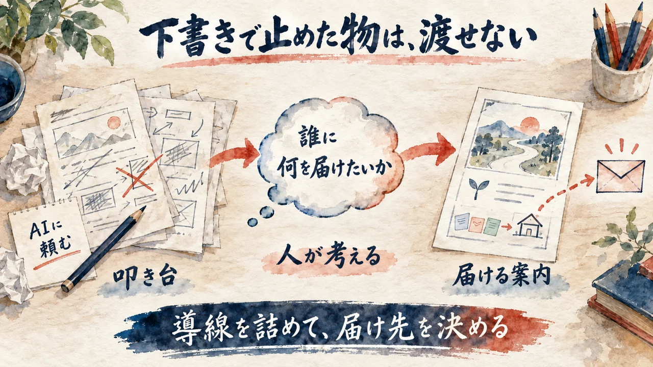 下書きの叩き台が出たあと、誰に何を届けたいかを考えて導線を詰める流れ