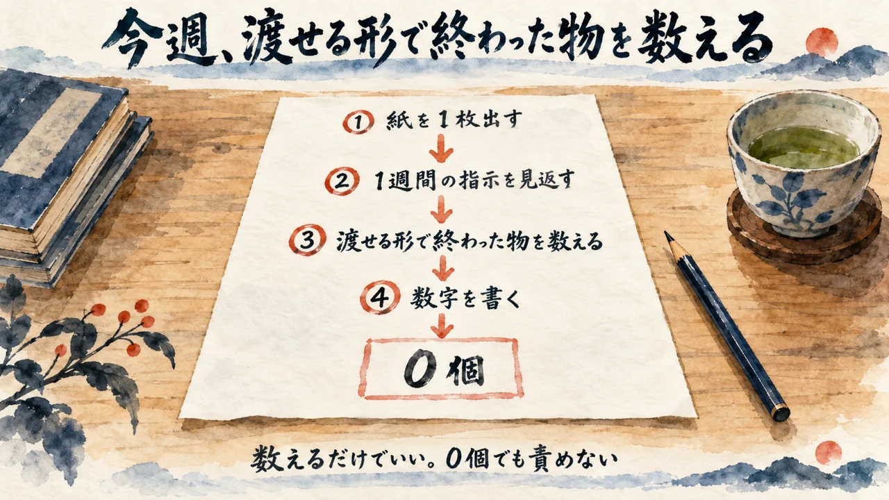 紙1枚に、この1週間で人に渡せる形で終わった物の数を書く4つの手順