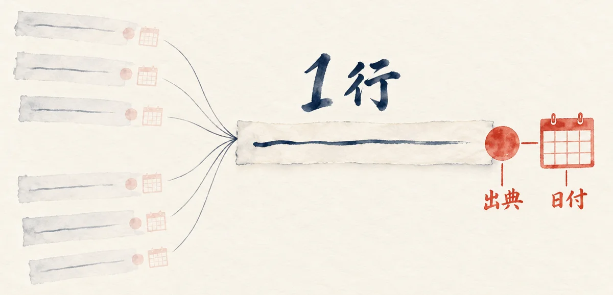 1行の短冊に出典の判子と日付の札を付け、同じ内容は1か所にまとめる図解