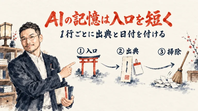 AIの記憶は入口を短く。1行ごとに出典と日付を付ける全体図（アイキャッチ）