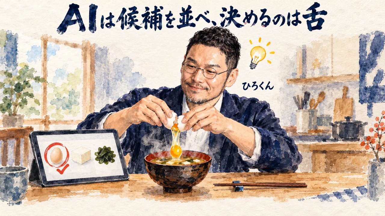 味噌汁に卵を1つ足して味を確かめるひろくんと、AIが並べた候補を映すタブレットの図解