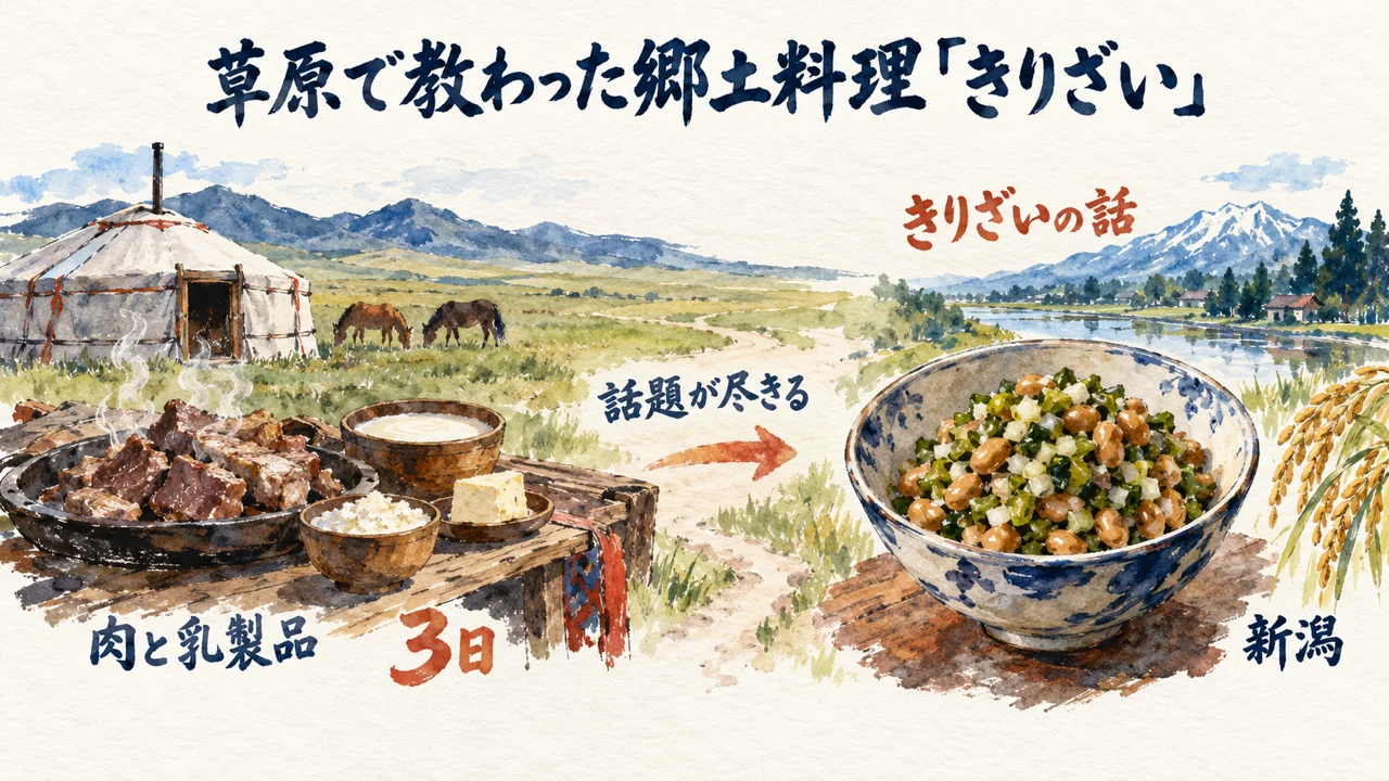 モンゴルの草原で肉と乳製品の食事が3日続き、話題が尽きて新潟の郷土料理きりざいの話になった場面の図解