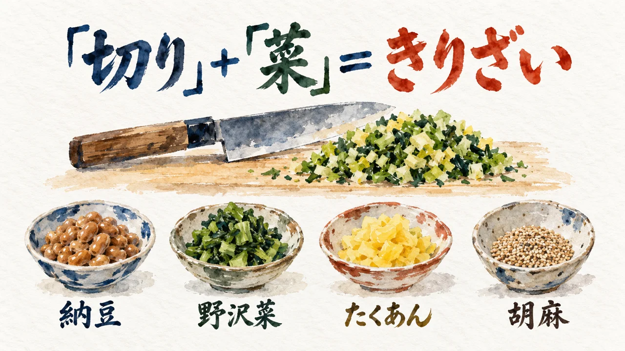 「切り」と「菜」を合わせた名前と、納豆・野沢菜・たくあん・胡麻の基本の型4点の図解