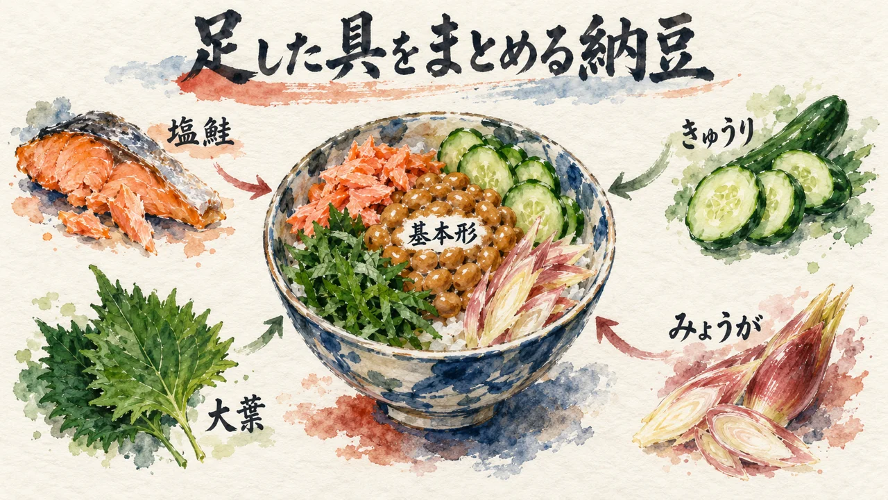 基本形に塩鮭・きゅうり・みょうが・大葉を足し、納豆がまとめ役になる贅沢版の図解