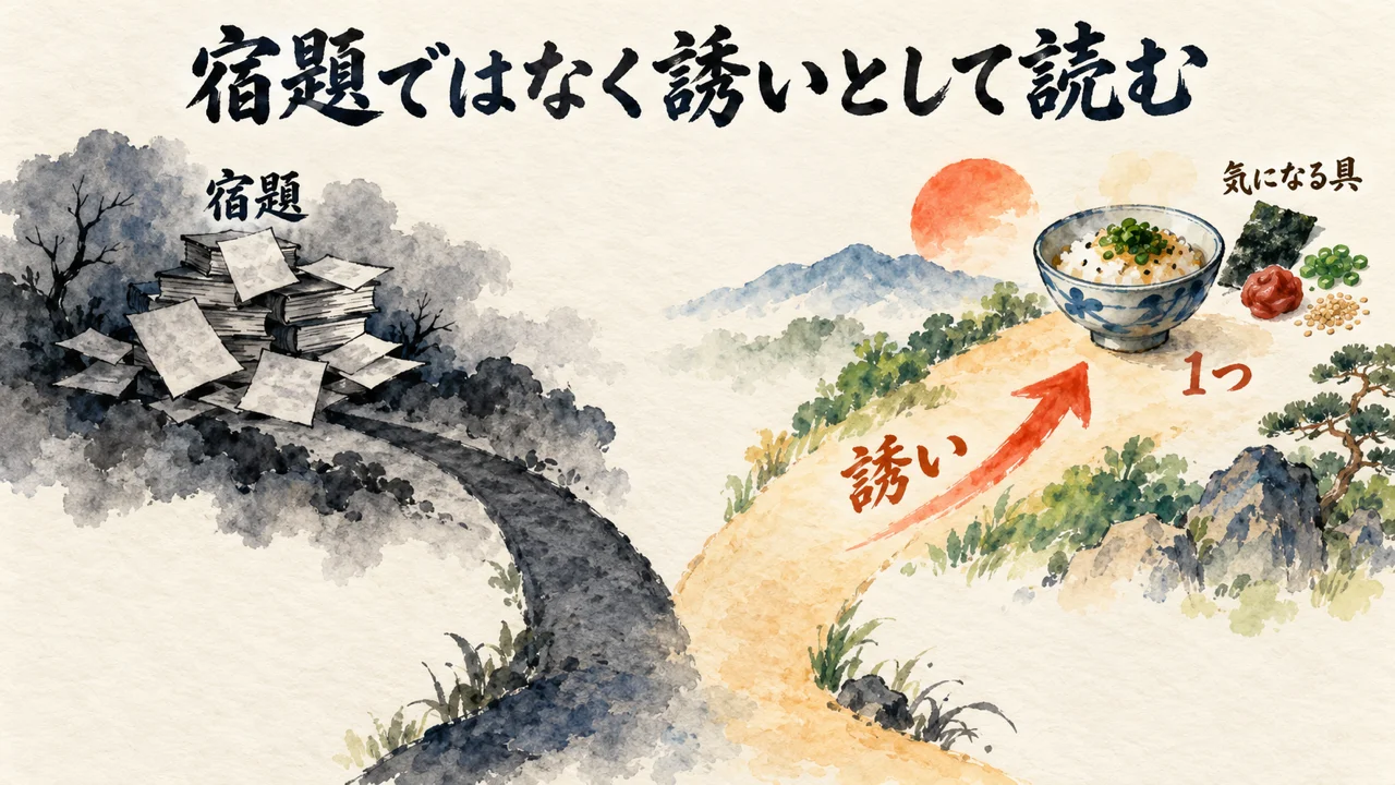 面倒でも手を動かす秘訣を、宿題ではなく気になる具を1つ試す誘いとして読む分かれ道の図解