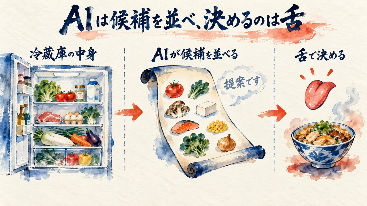 冷蔵庫の中身をAIに伝えて候補を並べてもらい、足す具を決めるのは自分の舌という役割分担の図解