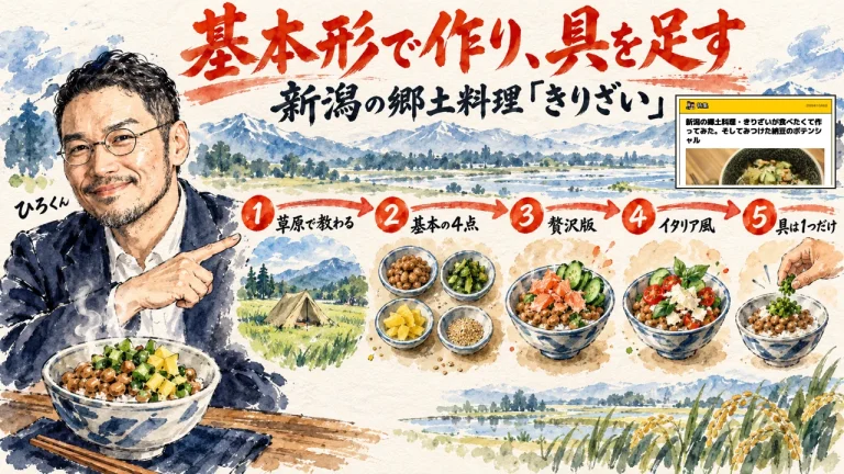 基本形で作り、具を足す。新潟の郷土料理きりざいを、草原で教わる所から具を1つだけ足す所まで5つの順番で描いた全体図（右上に元記事の表紙）
