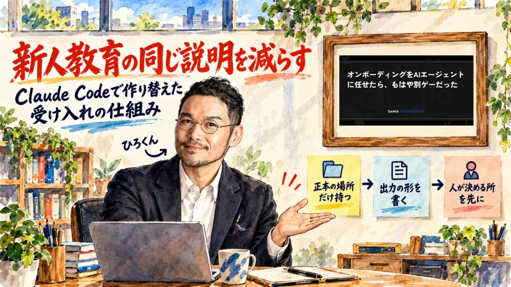 新人教育の同じ説明を減らす、DeNA勝野さんがClaude Codeで作り替えた受け入れの仕組みを紹介するアイキャッチ。正本の場所だけ持つ、出力の形を書く、人が決める所を先に、の3枚の付箋。右上の額縁に元記事の画像