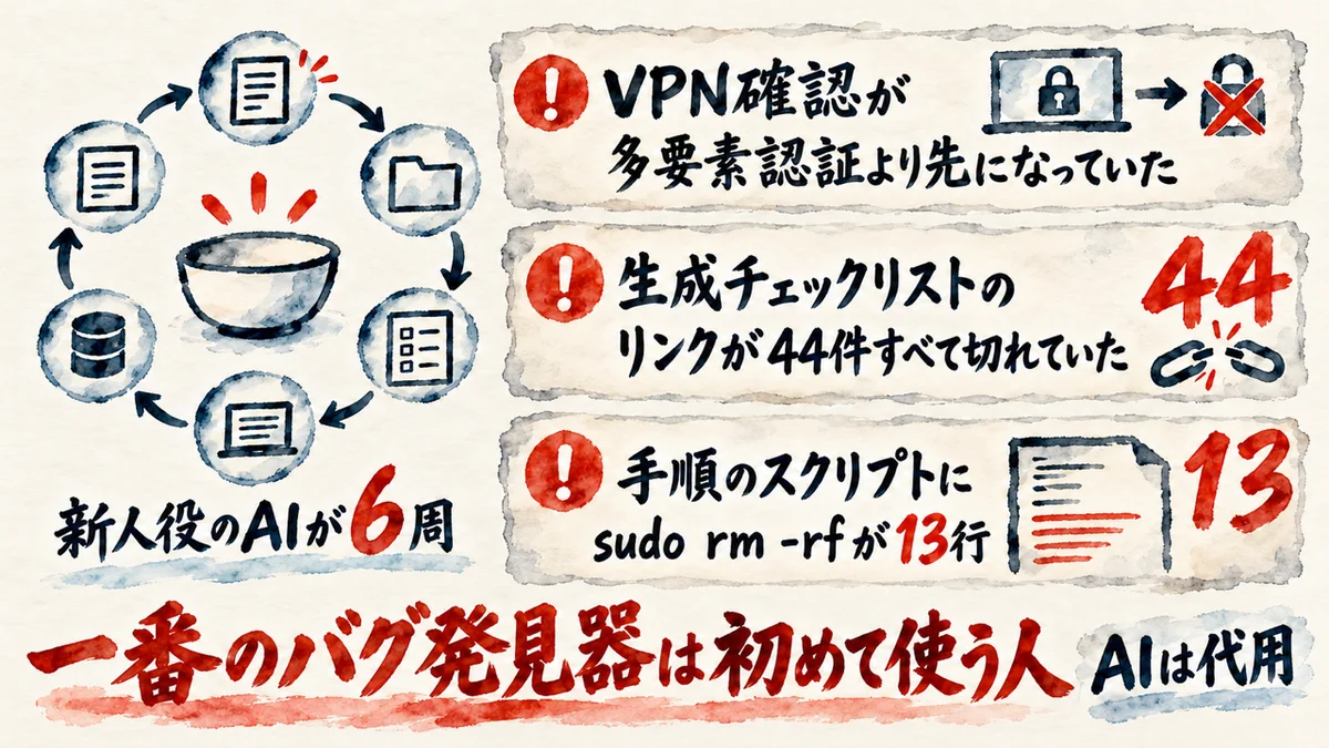 新人役のAIに6周演じてもらった検証の図解。VPN確認が多要素認証より先になっていた、生成チェックリストのリンクが44件すべて切れていた、手順のスクリプトにsudo rm -rfが13行。一番のバグ発見器は初めて使う人で、AIは代用