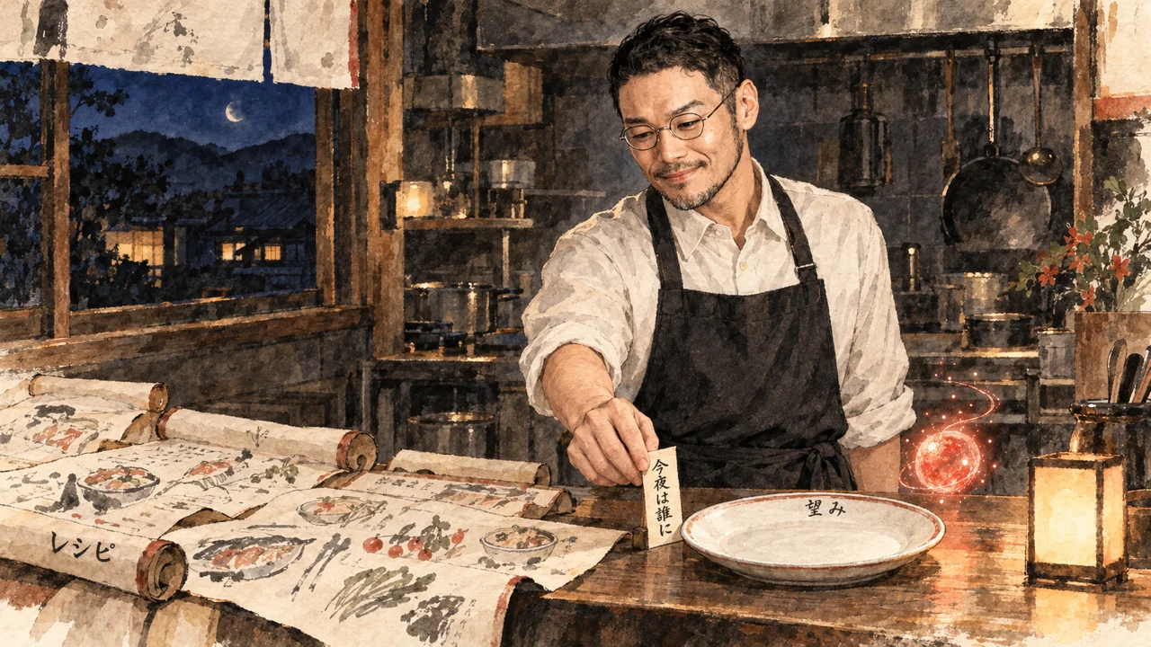 夜の調理場で、何枚ものレシピの巻物の前に、今夜は誰にの札を空の皿のそばへ置くコラム図解