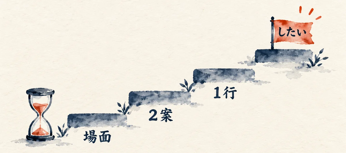 砂時計から、場面、2案、1行の階段を上ると、したいの旗に着く15分の手順の図解
