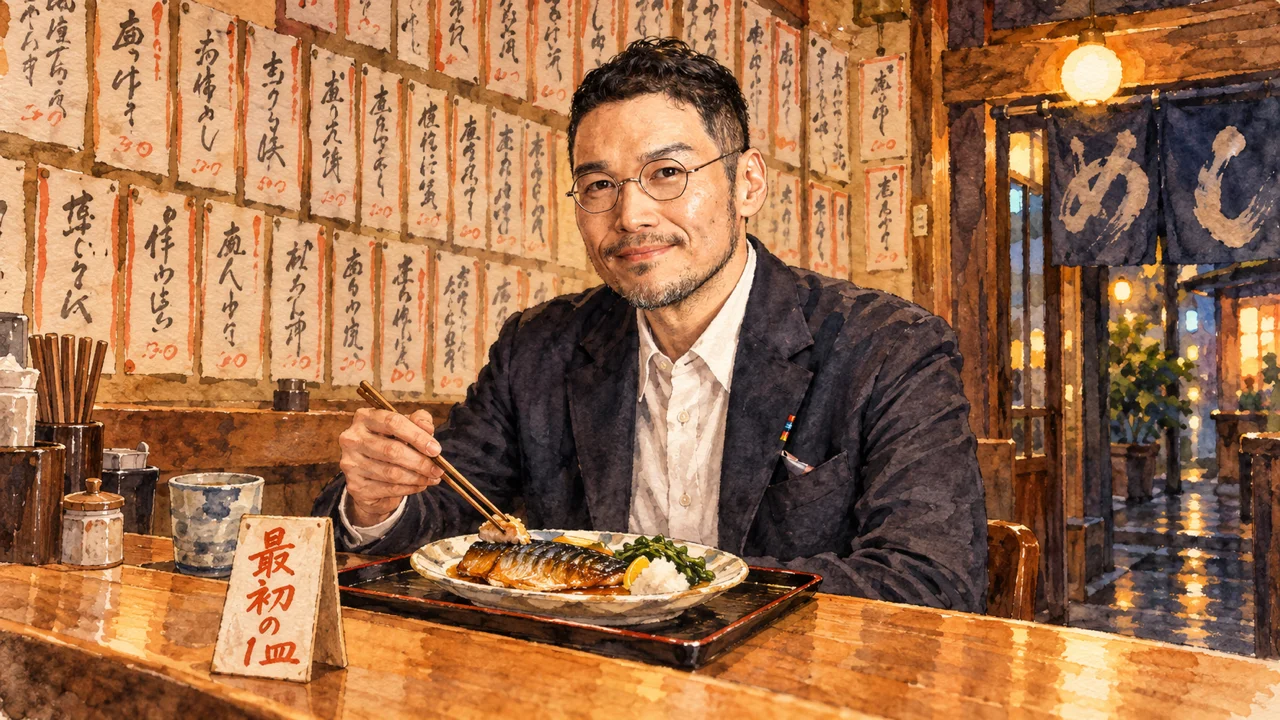 夜の定食屋で、壁一面のメニューの前に座るひろくんが、お盆に載せた最初の1皿を食べようとしている図解