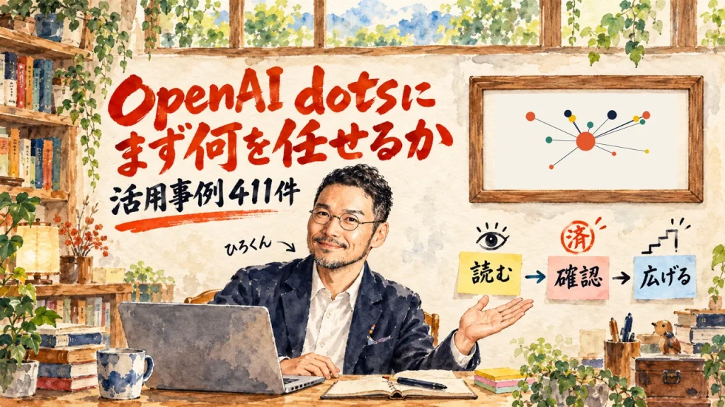 OpenAI dotsにまず何を任せるかを解説するアイキャッチ。右上の額縁に元ページの画像