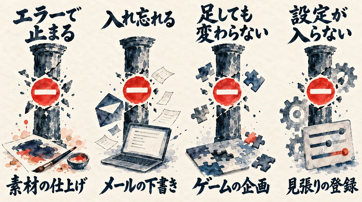 dotが止まる4つの型の図解。エラーで止まる、入れ忘れる、足しても変わらない、設定が入らない