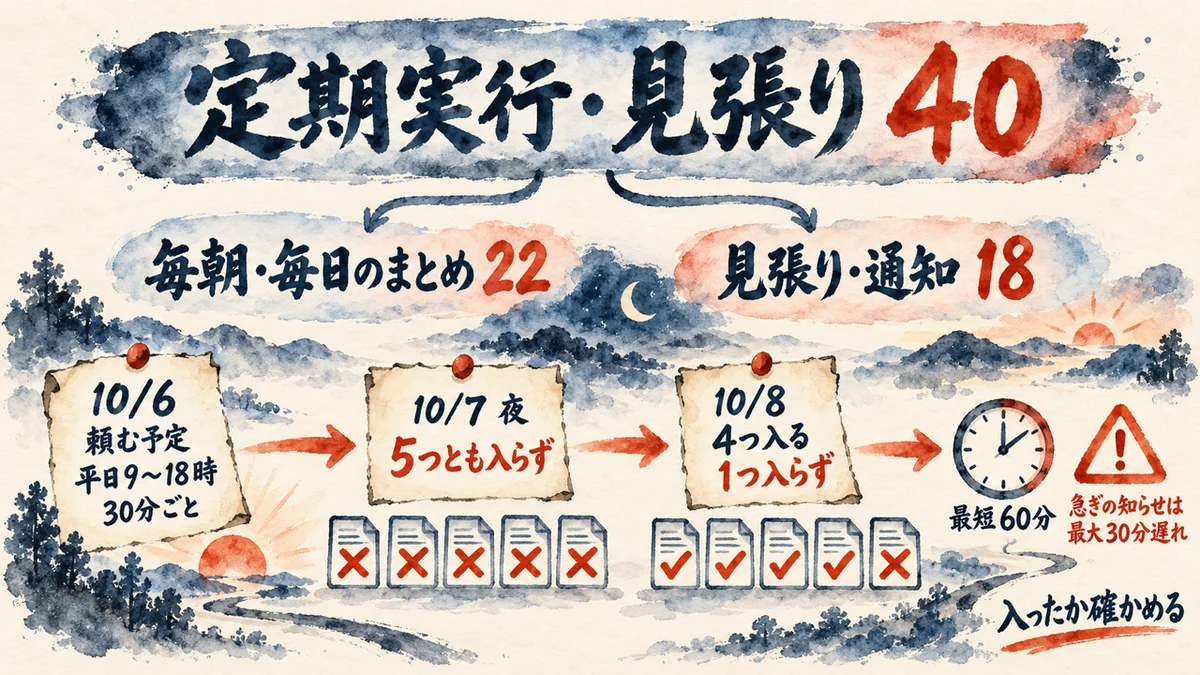 定期実行・見張り40件（毎朝・毎日のまとめ22、見張り・通知18）と、私の見張りの経過。10月6日に平日9〜18時30分ごとを頼む予定で、10月7日夜は5つとも入らず、10月8日は4つ入って1つ入らなかった。最短60分で、急ぎの知らせは最大30分遅れる。入ったか確かめる