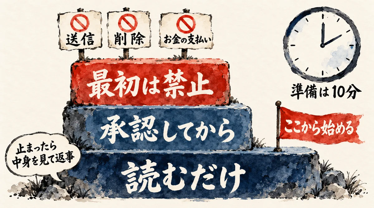 最初に任せる範囲の図解。読むだけを下の層にして、ここから始める。その上が承認してから。いちばん上が最初は禁止で、送信・削除・お金の支払い。止まったら中身を見て返事する。準備は10分