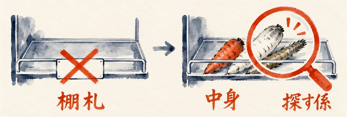 棚札だけでは並ばない冷蔵庫の棚と、探す係が中身を見て野菜を近くに並べる図解