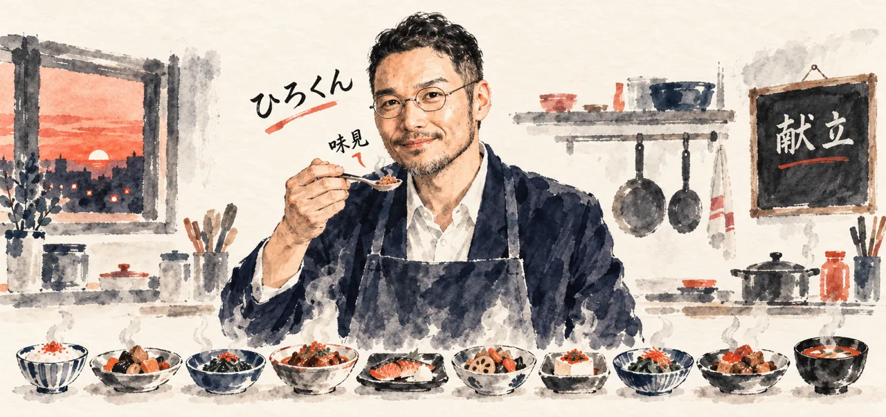 夕暮れのキッチンで、エプロン姿のひろくんが小鉢を味見し、黒板の献立と10個の小鉢が並ぶ水彩のコラム図解