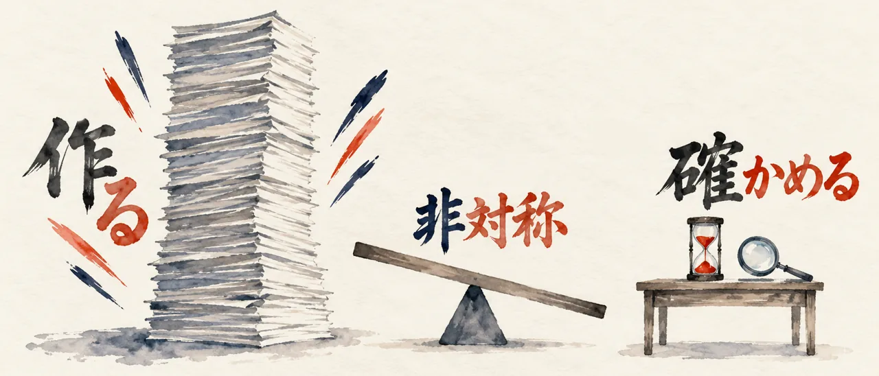 高く積まれた書類の山の作る、細い天秤の非対称、砂時計と虫眼鏡が載った机の確かめる、を左から並べた図解