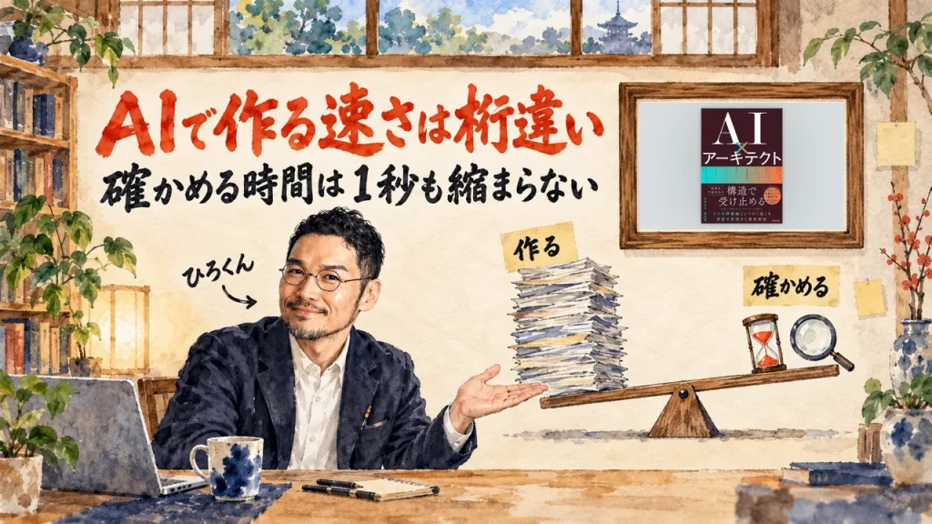 AIで作る速さは桁違い、確かめる時間は1秒も縮まらない。ひろくんが書籍AI×アーキテクトの表紙を掲げた額縁の前で、作る書類の山と確かめる砂時計を天秤にかけた水彩のアイキャッチ