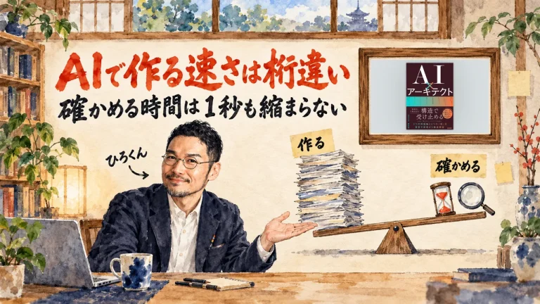 AIで作る速さは桁違い、確かめる時間は1秒も縮まらない。ひろくんが書籍AI×アーキテクトの表紙を掲げた額縁の前で、作る書類の山と確かめる砂時計を天秤にかけた水彩のアイキャッチ