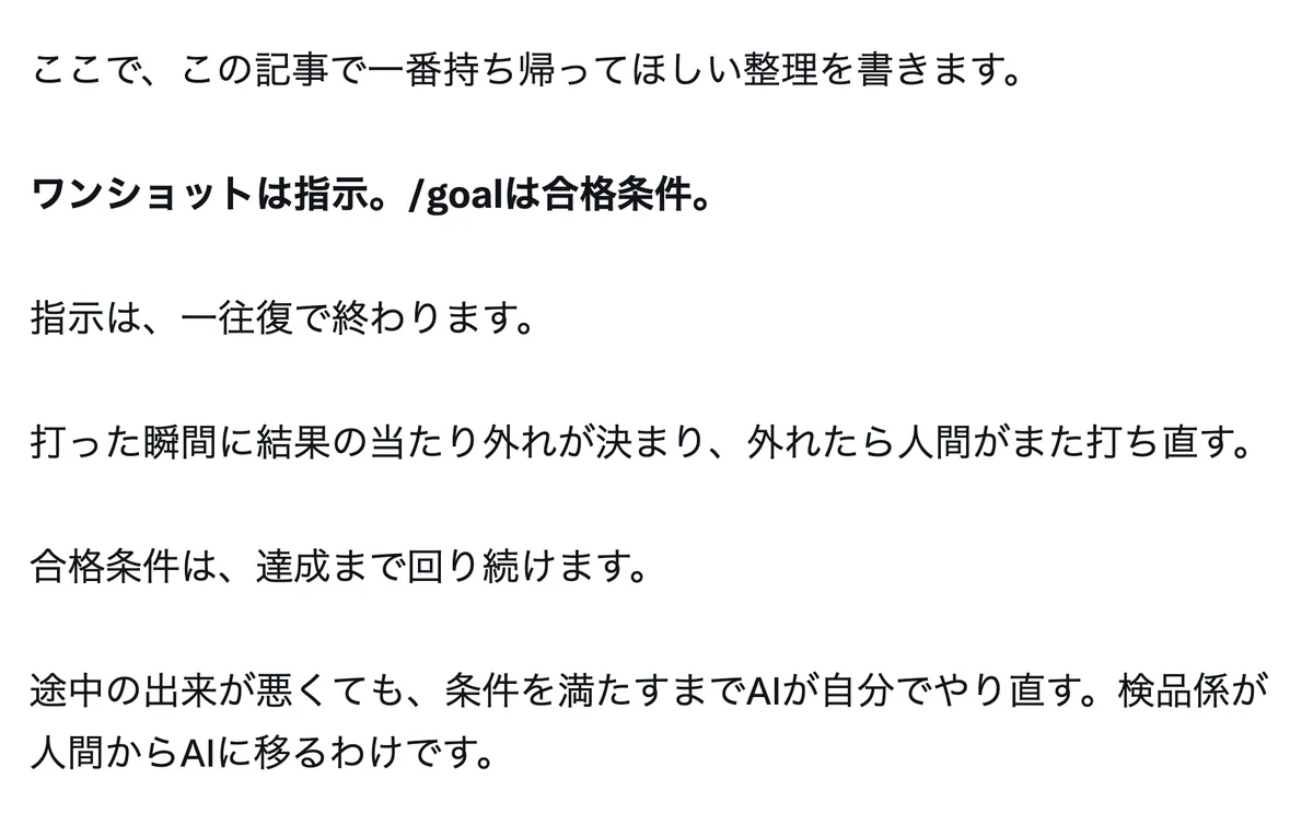 元記事の画面。ワンショットは指示。/goalは合格条件。指示は一往復で終わり、合格条件は達成まで回り続ける。検品係が人間からAIに移る、という文
