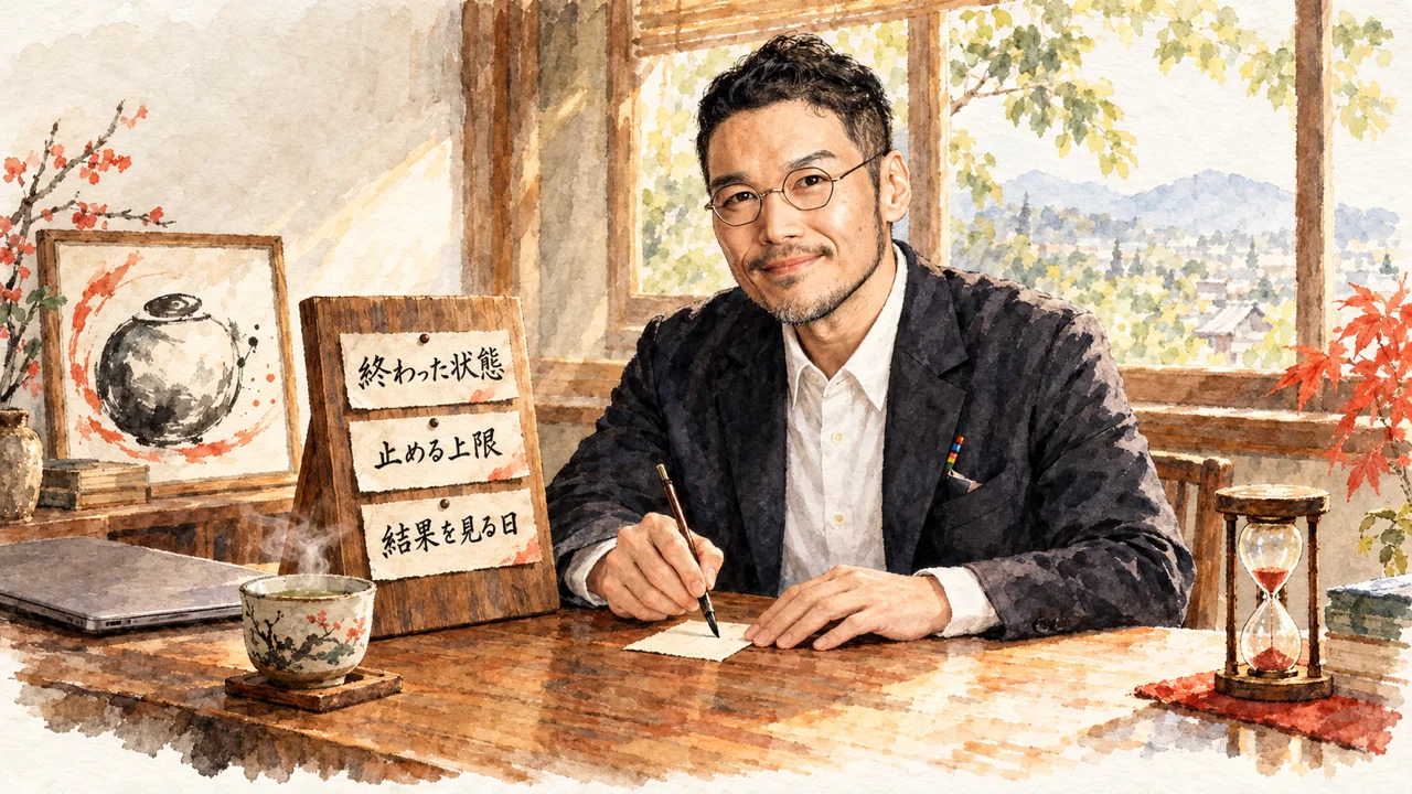 窓辺の木の机で、ひろくんが筆で小さな紙に1行だけ書いている情景。机の左の木の掲示板に、終わった状態、止める上限、結果を見る日と書いた3枚のカード。右に砂時計。AIに任せる前に、終わりと上限と結果を見る日を自分で決める、という絵