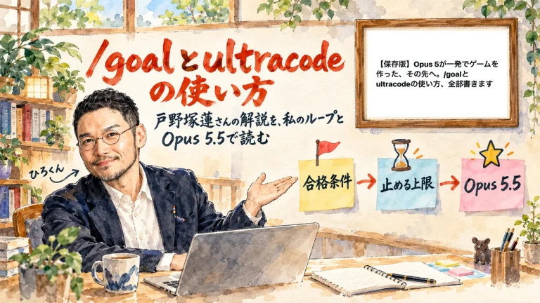 /goalとultracodeの使い方。戸野塚蓮さんの解説を、私のループとOpus 5.5で読む。付箋は合格条件、止める上限、Opus 5.5。右上の額縁に、元記事のX記事タイトル